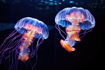 A pair of glowing jellyfish move gracefully through the water.