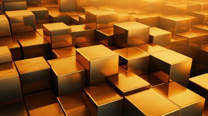 Abstract block stack wooden 3d cubes, golden wood texture for backdrop