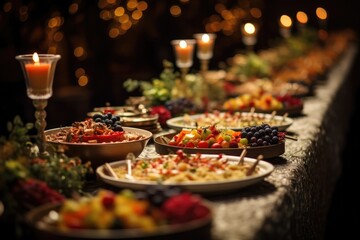 Fototapeta premium Catering buffet food on a long table in a hotel restaurant