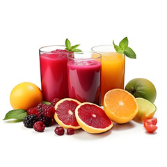Different tasty juices and fresh ingredients on white background.