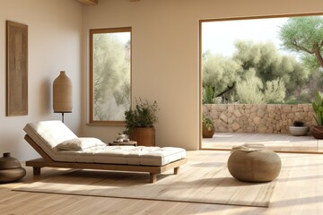 In a sunlit empty room with access to the outdoors, a rustic interior is complemented by a chaise lounge, creating a cozy space with a seamless connection to nature. Photorealistic illustration