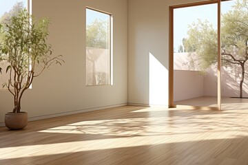Fototapeta premium In a sunlit empty room with white interiors, natural light fills the space, creating an inviting atmosphere with a seamless connection to the outdoor environment. Photorealistic illustration