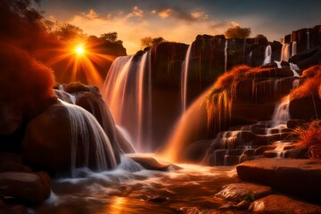 beautiful waterfall at sunset-