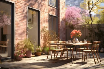 Fotobehang On a deck attached to an urban red brick house, a table and chairs are bathed in sunlight, creating a charming and inviting outdoor space with a touch of rustic elegance. Photorealistic illustration © DIMENSIONS