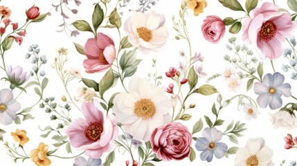 Dainty Abstract flower Bright and cute colors pattern, simple, neutral flowers on white background Seamless pattern of elegant, dainty, neutral watercolor floral for fabric, home decor, and wrapping