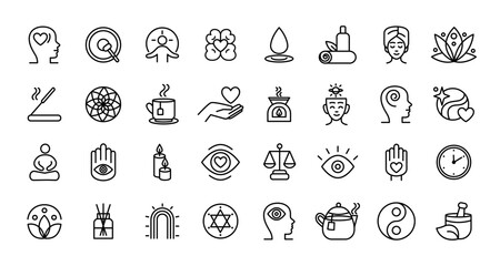 Relax icon. Health self. Mental stress. Mind spiritually. Wellbeing body mood. Psychology holistic nutrition. Skin care spa. Soul energy. Cozy sleep. Aroma candle. Love heart. Vector tidy symbols set