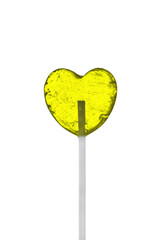 Yellow lollipop heart shape on a transparent background or PNG file. Clipping path. Heart candy sucker on stick, romantic sweet gift. Love symbol. Valentine's day, Mother's Day.