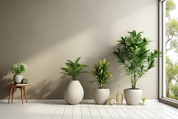 Green potted plants arranged by a sunlit window against a light gray wall create a fresh and natural aesthetic, infusing the space with botanical charm. Photorealistic illustration