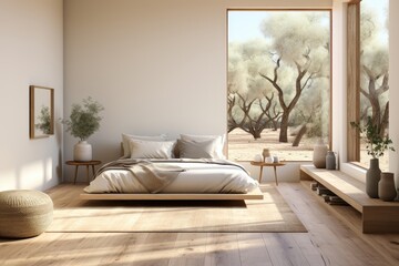 In a cozy bedroom with a rustic interior, bathed in sunlight and adorned with white elements, the space exudes warmth and charm, creating a tranquil atmosphere. Photorealistic illustration