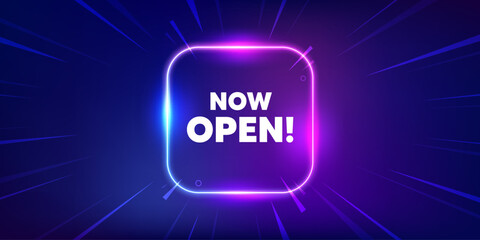 Now open tag. Neon light frame box banner. Promotion new business sign. Welcome advertising symbol. Now open neon light frame message. Vector