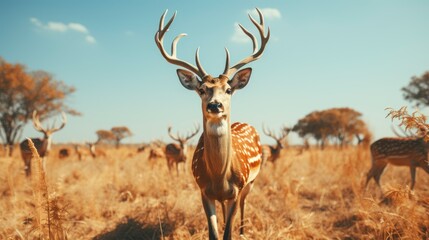 Naklejka na ściany i meble Young Male Deer Chasing Female Field, HD, Background Wallpaper, Desktop Wallpaper