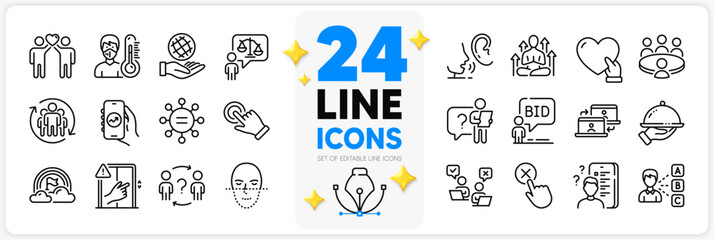 Icons set of Dont touch, Whisper and Delegate question line icons pack for app with Lawyer, Restaurant food, Search employee thin outline icon. Lgbt, Outsource work, Face recognition pictogram. Vector - obrazy, fototapety, plakaty