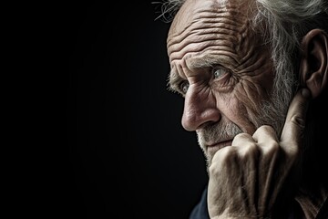 senior, lonely man looking away while sitting and leaning on walking stick