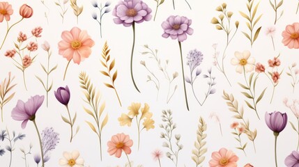 Dainty Abstract flower Bright and cute colors pattern, simple, neutral flowers on white background Seamless pattern of elegant, dainty, neutral watercolor floral for fabric, home decor, and wrapping - obrazy, fototapety, plakaty