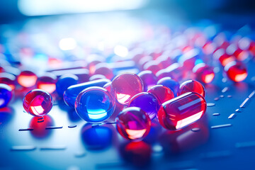 Lot of capsules or pills lying on table closeup background. Pharmaceutical industry future - obrazy, fototapety, plakaty