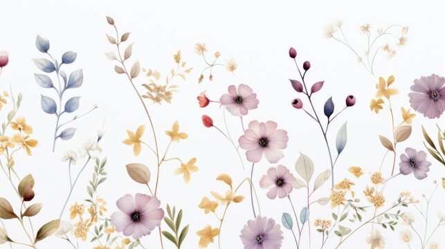 Fototapeta Dainty Abstract flower Bright and cute colors pattern, simple, neutral flowers on white background Seamless pattern of elegant, dainty, neutral watercolor floral for fabric, home decor, and wrapping