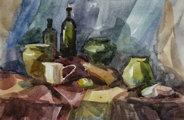 Still life with dishes. Watercolour. Impressionistic still life with glass bottles and a jug....