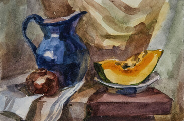 Still life with a pumpkin. Watercolour. Impressionistic still life with a slice of pumpkin and a...