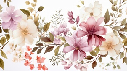 Obraz premium Dainty Abstract flower Bright and cute colors pattern, simple, neutral flowers on white background Seamless pattern of elegant, dainty, neutral watercolor floral for fabric, home decor, and wrapping