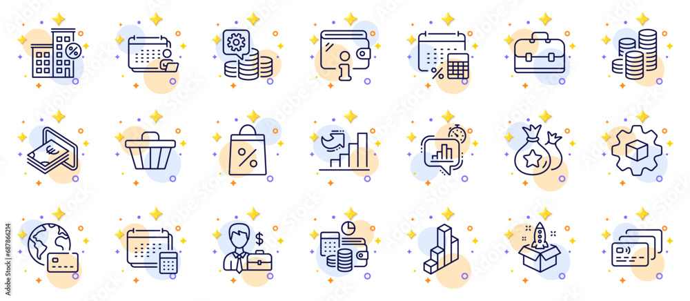 Poster outline set of startup, accounting and cash line icons for web app. include product development, mak