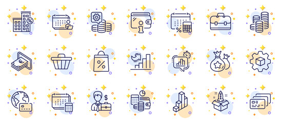 Fototapeta na wymiar Outline set of Startup, Accounting and Cash line icons for web app. Include Product development, Making money, Annual tax pictogram icons. Coins, Loan house, Budget accounting signs. Vector