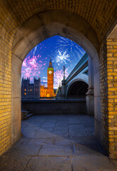 New years fireworks display over the Big Ben and Westminster Bridge in London, UK