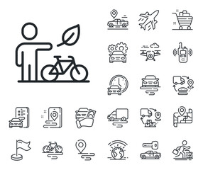 City bicycle transport sign. Plane, supply chain and place location outline icons. Eco bike line icon. Outdoor transportation symbol. Eco bike line sign. Taxi transport, rent a bike icon. Vector