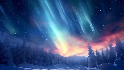 northern lights with sky on snowy path, in the style of video glitches, igor zenin, sky-blue and brown, made by generatiive ai