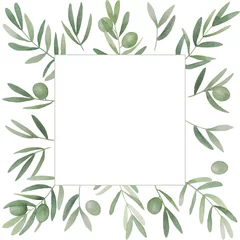 Fotobehang Green olive leaves wreath. Olivaceous twigs, branches, Pronence greenery frame. Watercolor free-hand illustration for postcard, invitation, banner, event flyer, poster, presentation, menu, lifestyle © HSk Art