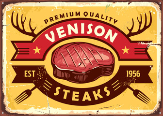 Restaurant retro sign with grilled venison steak on yellow background. Food advertisement. Meat chop vintage vector graphic.
