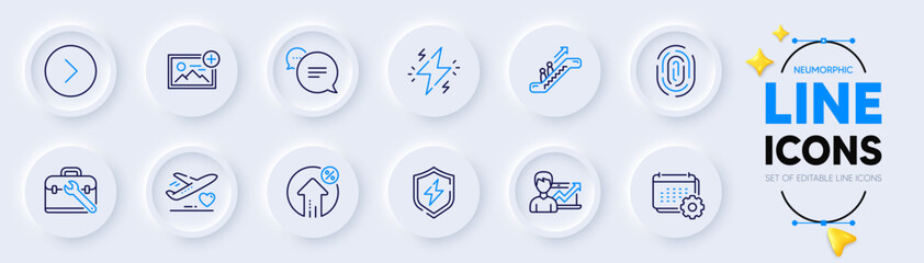 Add photo, Power and Power safety line icons for web app. Pack of Tool case, Success business, Calendar pictogram icons. Medical flight, Forward, Text message signs. Escalator. Vector