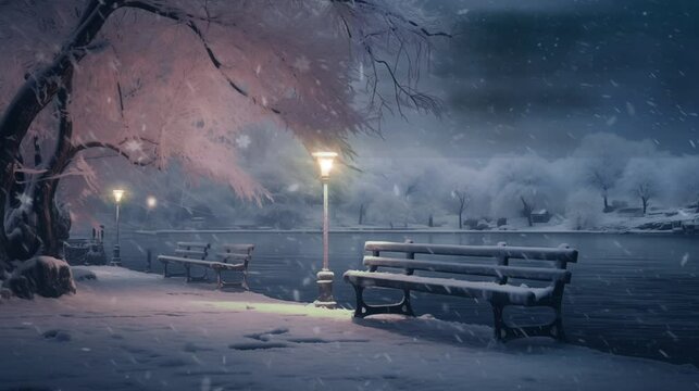 Immerse in the dreamy atmosphere of a lakeside snowfall, where soft snowflakes gently blanket the lake, creating a surreal winter wonderland, snowfall magic,   Ai Generated