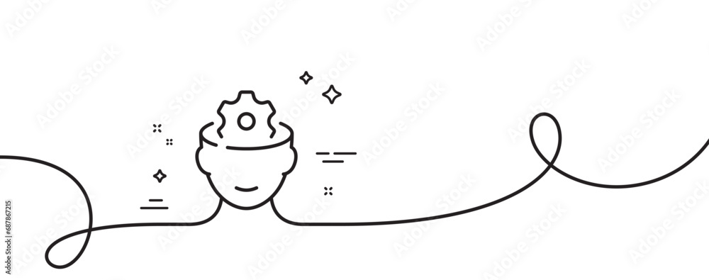 Poster brain working line icon. continuous one line with curl. psychology therapy sign. mental health symbo