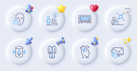 Healthy face, Voice assistant and Music line icons. Buttons with 3d bell, chat speech, cursor. Pack of Stress, Support, Bathrobe icon. Computer mouse, Parking garage pictogram. Vector