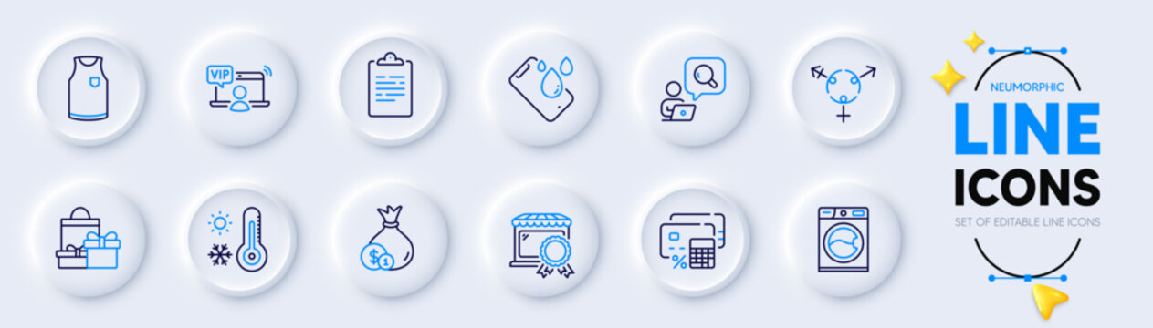T-shirt, Washing machine and Cash line icons for web app. Pack of Weather thermometer, Best market, Vip access pictogram icons. Genders, Smartphone waterproof, Inspect signs. Clipboard. Vector