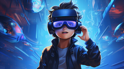 Cute Cartoon Boy Wearing Virtual Reality