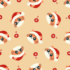 Seamless vector Christmas pattern. Cute cat faces with big eyes in Santa Claus hat, Christmas tree balls, beige background . Vector illustration