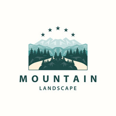 Landscape logo nature adventure design mountain and river luxury vector illustration - obrazy, fototapety, plakaty