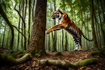 young amur tiger (panthera tigirs) playing in the forest. a large feline beact climbs a tree. Siberian big cat in environment tiger in nature forest habitat-- - obrazy, fototapety, plakaty