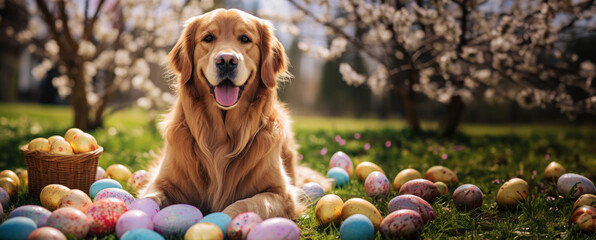 Golden retriever dog with easter basket and easter eggs. 