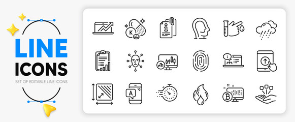 Attached info, Online documentation and Flammable fuel line icons set for app include Face biometrics, Ab testing, Vitamin k outline thin icon. Psychology, Sales diagram. Vector