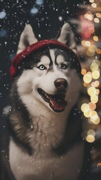 husky wearing christmas hat