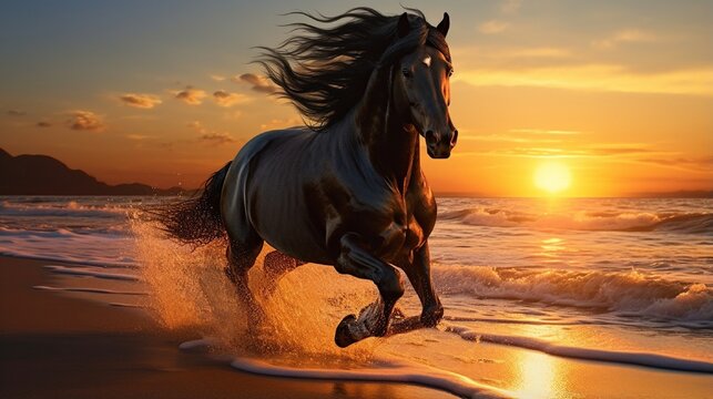 Running horse with streamed mane on sunset sandy beach