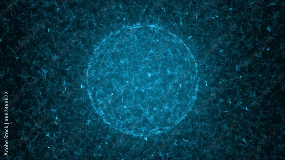 Poster abstract futuristic background: blue geometric sphere with hi-tech plexus, rotating in 3d.