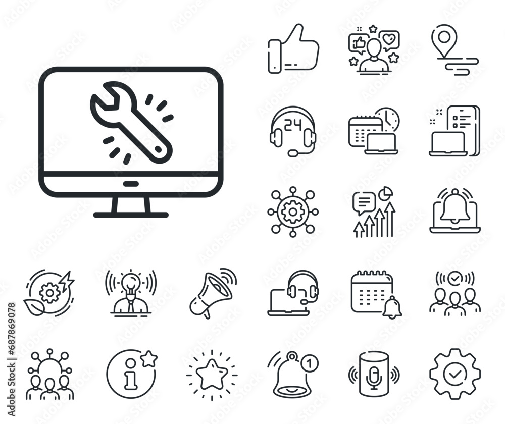 Poster monitor or computer repair service sign. place location, technology and smart speaker outline icons.