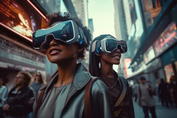 portrait of a person in VR glasses on the street of futuristic city