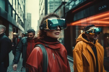 portrait of a person in VR glasses on the street of futuristic city