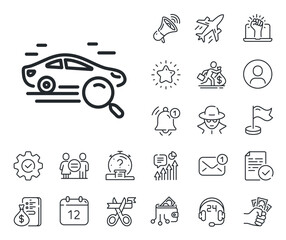 Find transport sign. Salaryman, gender equality and alert bell outline icons. Search car line icon. Magnify glass. Search car line sign. Spy or profile placeholder icon. Online support, strike. Vector