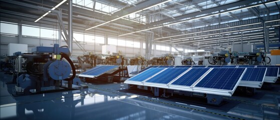 Solar panels and machinery in modern manufacturing plant. Renewable energy production.