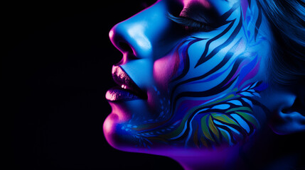 Close-up of beautiful woman's face with body painting,created with Generative AI tecnology.